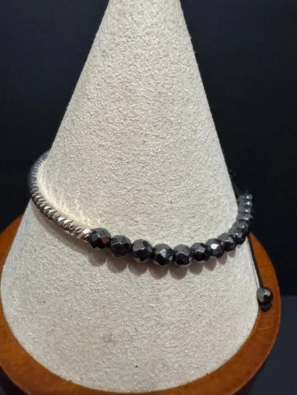 Slide Style Adjustable Bracelet, Faceted Hematite, Fine Silver Plated